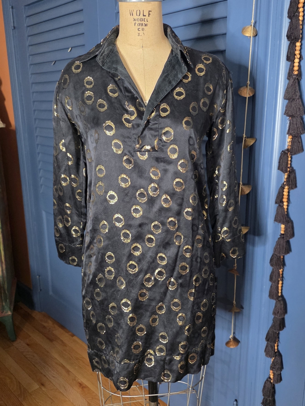 Cynthia Rowley Black Tunic Dress with Gold Circle Print